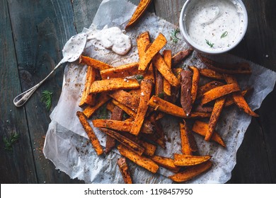 Sweet Potatoes Fries With Cajun Spices Yogurt Dills Sauce