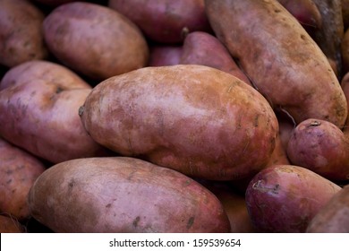 Sweet potatoes on a market stall in Queensland, Australia. Full-frame, Background, Healthy Food