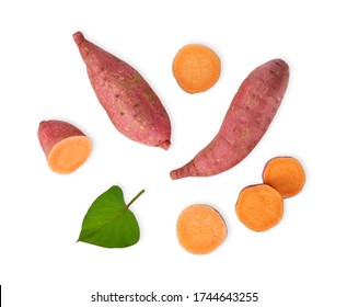 Sweet Potatoes With Potato Leaf Isolated On White Background, Top View, Flat Lay.