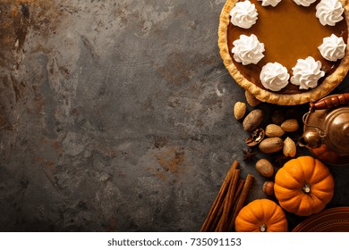 Sweet Pumpkin Pie Decorated With Whipped Cream Overhead Shot With Copy Space