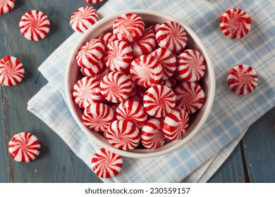 Sweet Red And White Peppermint Candy In A Bowl