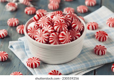 Sweet Red And White Peppermint Candy In A Bowl