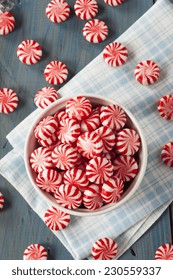 Sweet Red And White Peppermint Candy In A Bowl