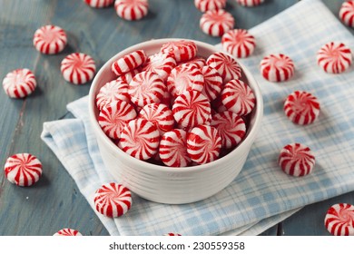 Sweet Red And White Peppermint Candy In A Bowl