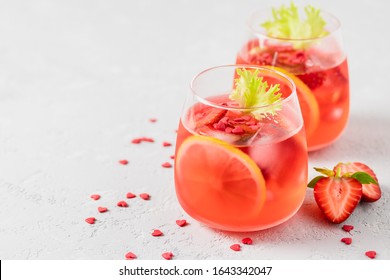 Sweet Romantic St Valentines Day Strawberry Lemon Drink. Selective Focus, Space For Text.