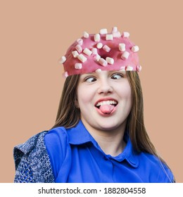 Sweet season. Contemporary modern art collage in magazine style with happy emotion concept. The head explodes. Big donut in the head. Brain blast! Pink background . Concept of summer, vacation, resort