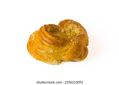 Sweet Single Yeast Cake Bun With Tasty Apple Filling And Crumble Topping Isolated On White Background. Studio Shot. Pastry. High Quality Photo