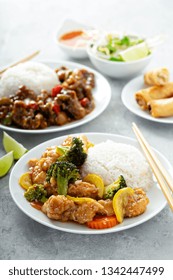 Sweet And Sour Chicken With Broccoli, Carrot And Rice