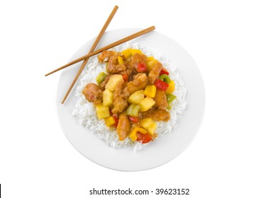 Sweet And Sour Chicken On A Plate Isolated On A White Background.