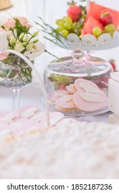 Sweet Table At Christening Or First Communion Party. Heart Shaped Cookies With Angel Wings.	