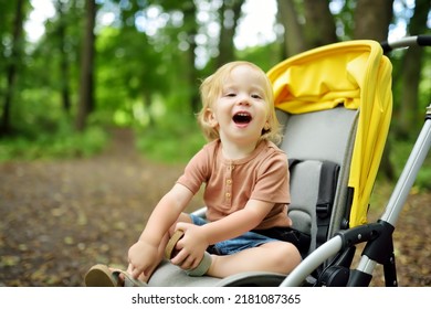 Sweet toddler boy sitting in a stroller outdoors. Little child in pram. Infant kid in pushchair. Summer walks with kids. Family leisure with little child.
