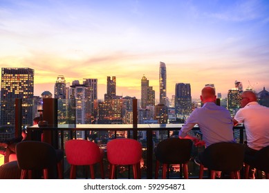 Sweet  Tone, Rooftop Open Bar View Point Top View City Center At Bangkok. Bangkok City View Point From Rooftop Bar With Blur People Movement , Business City Success Industry.