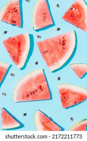 Sweet Watermelon Fruit On A Blue Background. Summer Aesthetic Wallpaper.