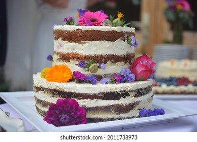 Sweet White Cheesecake Torte With Fresh Fruits, Poppy And Rose Flowers, For Birthday, Valentine Day And Celebration