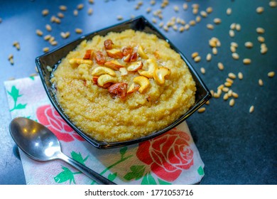 Sweet Whole Wheat Halwa Or Porridge On A Dark Background