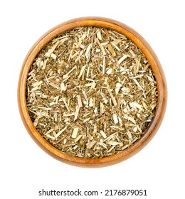 Sweet Wormwood, Dried Herb, Artemisia Annua In Wooden Bowl. The Discovery Of The Plant Extract Artemisinin Is A Nobel Prize Awarded Medication Used To Treat Malaria. Used In TCM As Tea To Treat Fever.