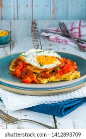 Sweetcorn Pancakes With Fried Egg And Chorizo And Red Pepper Salsa