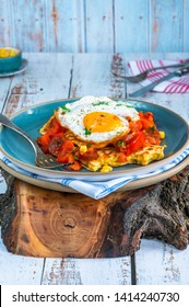 Sweetcorn Pancakes With Fried Egg And Chorizo And Red Pepper Salsa