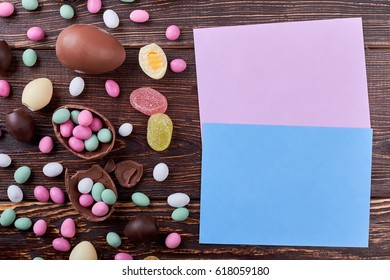 Sweets And Blank Cards. Scattered Colorful Candies.