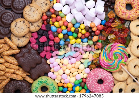 Sweets, candy, cookies and other food containing sugar