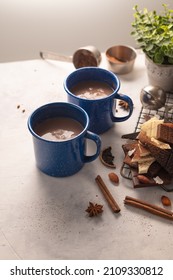 A Lot Of Sweets, Decor, Two Cups Of Coffee On A White Background. Close-up. There Are No People In The Photo. Holiday Date, Romantic Date, Anniversary. Restaurant, Cafe, Hotel, Pastry Shop.