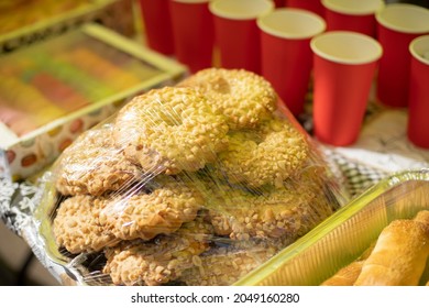 Sweets Packed In Film. Sale Of Delicious Food. Boxes Of Sugar Treats. Food Stall Outside.