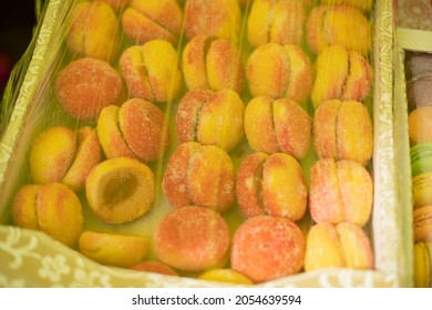 Sweets Packed In Film. Sale Of Delicious Food. Boxes Of Sugar Treats. Food Stall Outside.