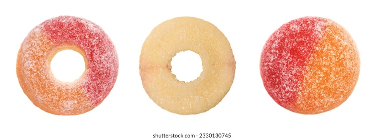 sweets peach ring gummy candies on the white background.