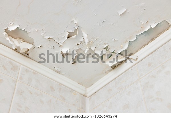 Swelling Leaking Whitewash Plaster On Ceiling Stock Photo