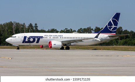 Swidnik, Lublin Voivodeship / Poland Jun.30.2019: Boeing 737-8 MAX With Registration SP-LVC LOT, Polish Airlines, Grounded After The Crash Of An Ethiopian Airlines.

