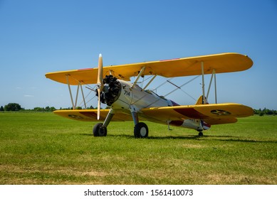 SWIDNIK / POLAND - JUNE 9 2019: Swidnik Air Festival. Pictured: Boeing N2 S-3 Stearman, Model 75 - a biplane formerly used as a military trainer aircraft, widely known as the Stearman or Kaydet. 