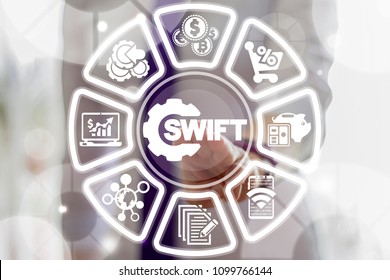 SWIFT Banking Web Network Pay System Finance Digital Technology. Society for Worldwide Interbank Financial Telecommunications. Woman clicks gear with swift word surrounded by specific icons.