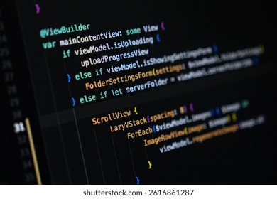 Swift code displayed on a dark-themed computer screen with syntax highlighting, showing structured layout and logic for building user interface elements in a mobile application - Powered by Shutterstock - Get 15% off with code: PIKWIZARD15
