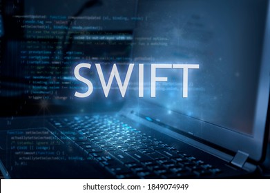 Swift inscription against laptop and code background. Learn swift programming language, computer courses, training. 