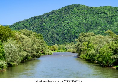 Swift Mountain River Against The Backdrop Of A Large Mountain. View Of The Water In The Mountain Valley. Beautiful Landscape. Carpathians.