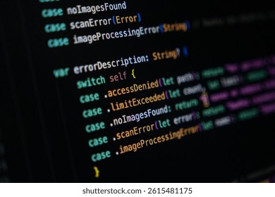 Swift programming code on a dark screen displaying enum cases and switch statement logic used for structured error handling and returning descriptions based on error types