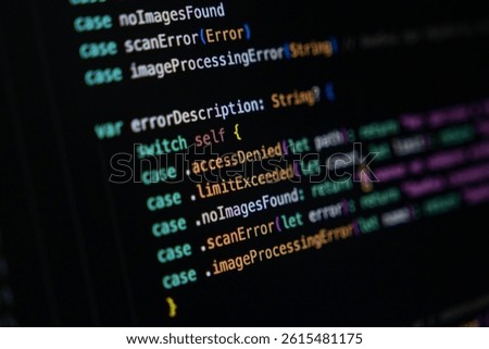 Swift programming code on a dark screen displaying enum cases and switch statement logic used for structured error handling and returning descriptions based on error types