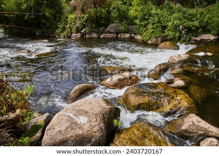 Swift River Flow Over Rocks in Lush Forest Setting
