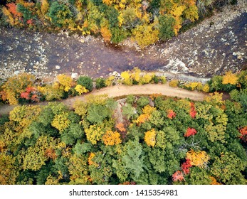 Swift River Landscape At Autumn In New Hampshire, USA. Fall In New England. Aerial Drone Shot. 