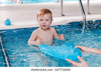 Swim Trainer Holding Flutter Board Near Cute Toddler Boy In Swimming Pool