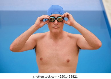 Swimmer is adjusting his goggles, preparing for a swim workout - Powered by Shutterstock