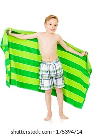 Swimmer: Boy In Swimsuit Holding Towel Up