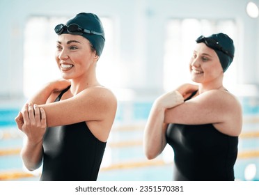 Swimmer, fitness and women stretching, exercise and workout for competition, wellness and active lifestyle. Girls, athlete and people stretch arms, health and warm up with competitive sport and pool - Powered by Shutterstock