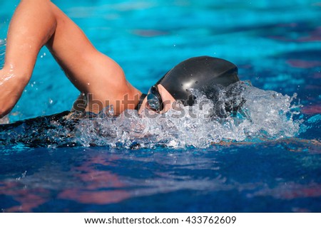 Swimmer in motion. Selective focus, polarizing filter