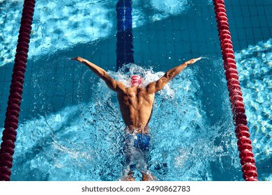 Swimmer, seen from above, powers through water with butterfly stroke, his muscular back glistening under sun as they swim between red lane dividers. Concept of aquatic sport, competition, energy.