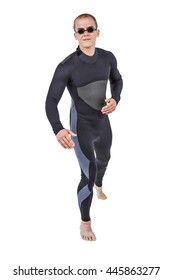 Swimmer In Wet Suit And Swimming Goggles Posing On White Background