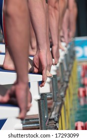 Swimmers On Starting Block Ready To Dive, Waiting For The Starter To Give The Signal