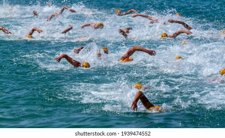 Swimming athletes in a triathlon contest