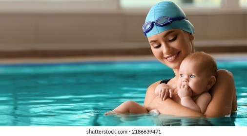 Swimming coach with funny baby in pool - Powered by Shutterstock