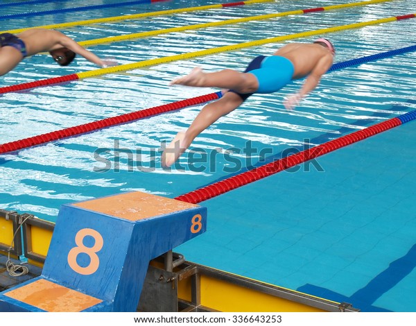 Swimming Competition Two Swimmers Were Jumping Stock Photo 336643253 ...